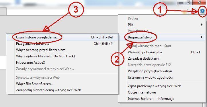 Następnie wybrać oraz rozwinąć pozycję Bezpieczeństwo (Rysunek 30-7 oznaczenie 2) i wybrać pozycję Usuń historię przeglądania (Rysunek 30-7 oznaczenie 3).