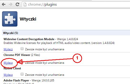 30.5. Google Chrome Aby zmienić domyślne ustawienia otwierania plików PDF w przeglądarce Google Chrome należy jako adres internetowy wprowadzić chrome://plugins Na