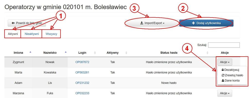 5.1. Administracja operatorami obwodowymi Administrować takimi użytkownikami mogą tylko i wyłącznie użytkownicy w gminach posiadający uprawnienie Operatorzy oraz delegaturach posiadający uprawnienie