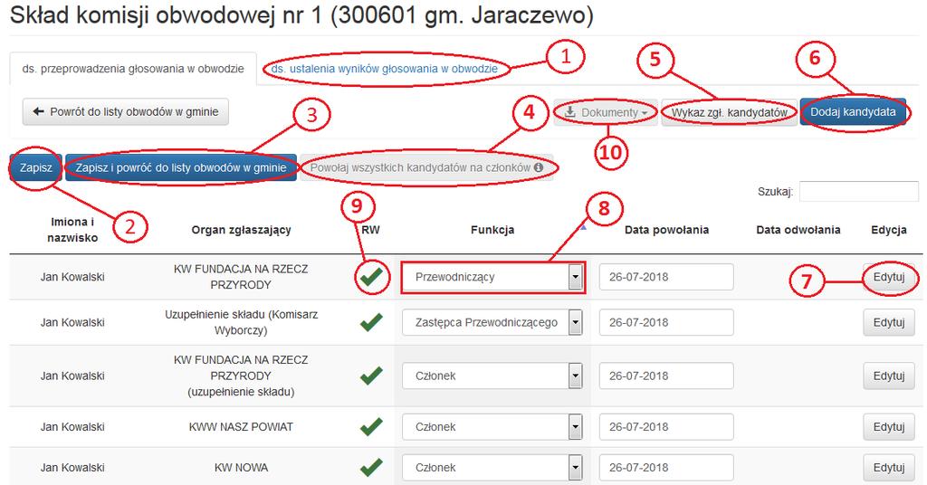 15.3. Podgląd listy osób w obwodowej komisji wyborczej Podgląd składu komisji obwodowej dla określonego obwodu wywołujemy poprzez wykonywane w podanej kolejności: wybrać odpowiednią akcję wyborczą w