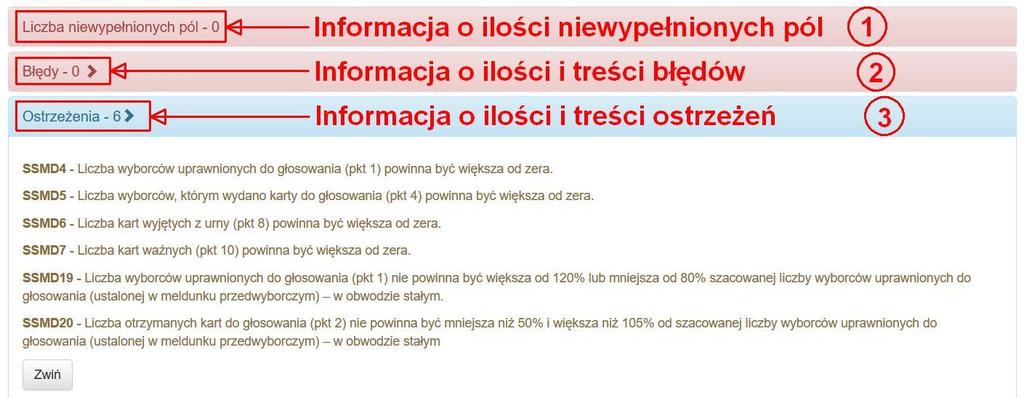 Rysunek 23-3 Pola z informacjami o brakach, błędach i ostrzeżeniach. UWAGA Dane o treści błędów i ostrzeżeń pojawiają dopiero po kliknięciu w odpowiednie pola prezentujące ich liczbę.