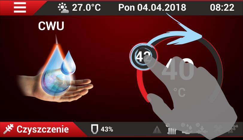 42 C w przykładowym ekranie). Aktualny odczyt temperatury CWU (wartość 40 C w przykładowym ekranie) znajduje się rys.