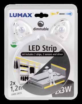 LUMAX Taśmy LED Zestawy: taśma, czujka, zasilacz Zestawy taśm w kolorze białym 3600K LS501S Zestaw: taśma LED o długości 1,2m, czujnik ruchu i zmierzchu, oraz zasilacz.
