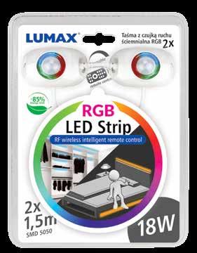 kolor świecenia oraz zaprogramowanymi scenami zmian kolorów. LS503S 9W LS504S 2x9W Zestaw: taśma LED o długości 1,5m, pilot, czujnik ruchu i zmierzchu, oraz zasilacz.
