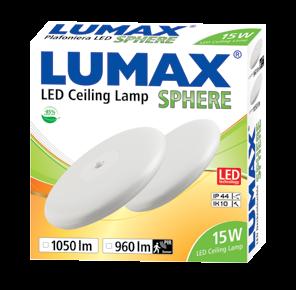 LUMAX SPHERE Plafoniery LED z opcjonalnym czujnikiem LO1541N 15W 25 000 h >20 000 IP 44 IK 10 1050 15W 220-240V 50 110 4000 F kod - typ - moc (W) - IP - strumień świetlny - kąt rozsyłu - napięcie (V)