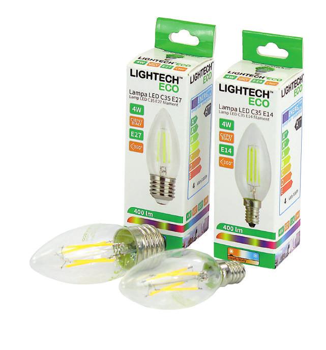 ŹRÓDŁA ŚWIATŁA ŻARÓWKA LED E14, E27 4W 400 lm 2700 K 360 E14 E27 80 20 25000h 12 500 90 A (B) Żarówka typu FILAMENT, czyli z dużym, szklanym, przeźroczystym kloszem i widocznym elementem świetlnym,