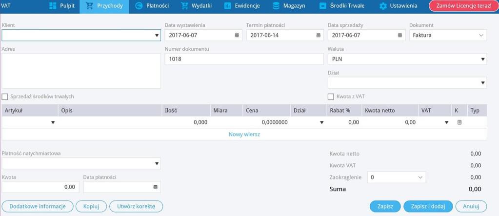 Kwota kwota przychodu. Po uzupełnieniu wszystkich wymaganych pól zapisujemy dokument.