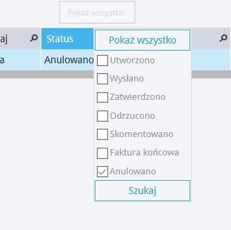 Domyślnie ustawione jest tak, aby pokazywały się tylko oferty, proformy i zaliczki o statusach: Utworzono, Wysłano, Zatwierdzono, Odrzucono, Skomentowano.