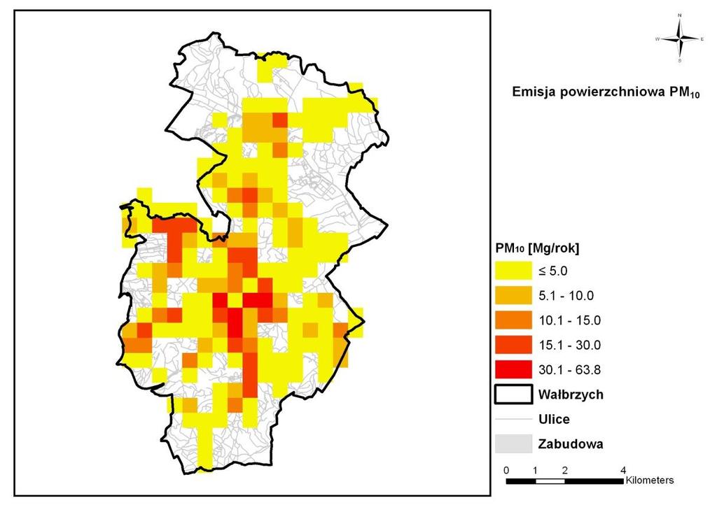 Rysunek 32 Emisja powierzchniowa pyłu zawieszonego PM10 z terenu strefy miasto Wałbrzych w 2011 r.
