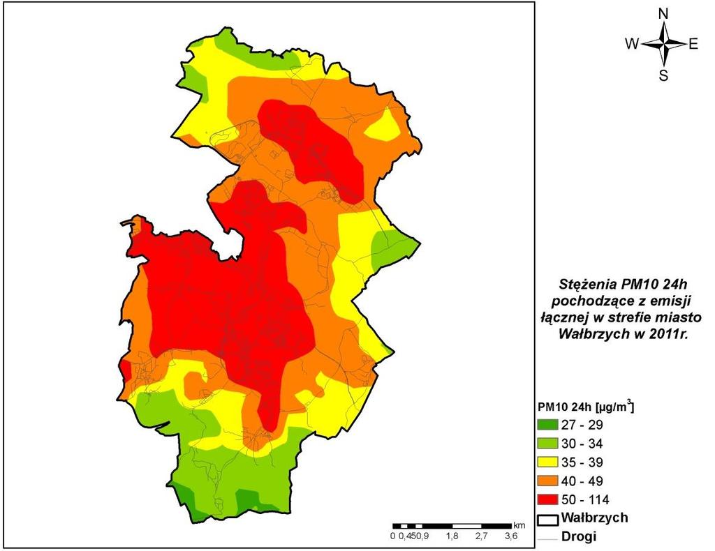 Rysunek 38 Stężenia pyłu zawieszonego PM10 o okresie uśredniania wyników 24h w strefie miasto Wałbrzych pochodzące z łącznej emisji wszystkich typów w 2011 r.