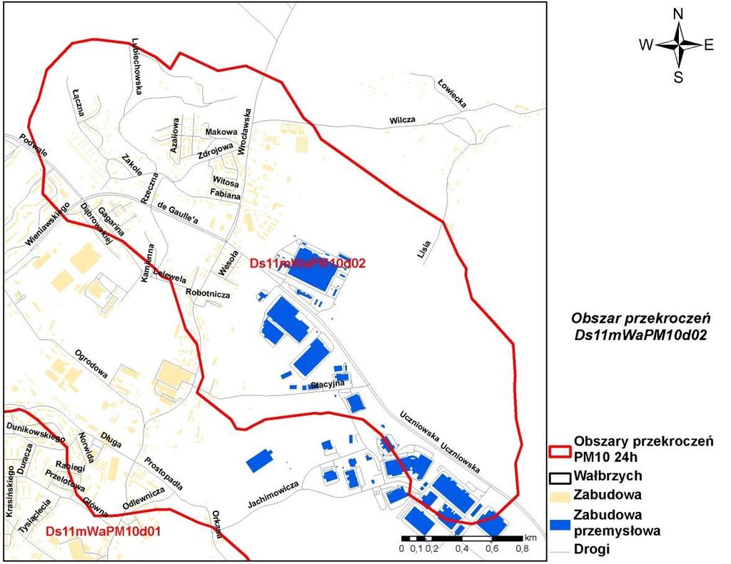 Rysunek 44 Obszar przekroczeń poziomu dopuszczalnego pyłu zawieszonego PM10 o okresie