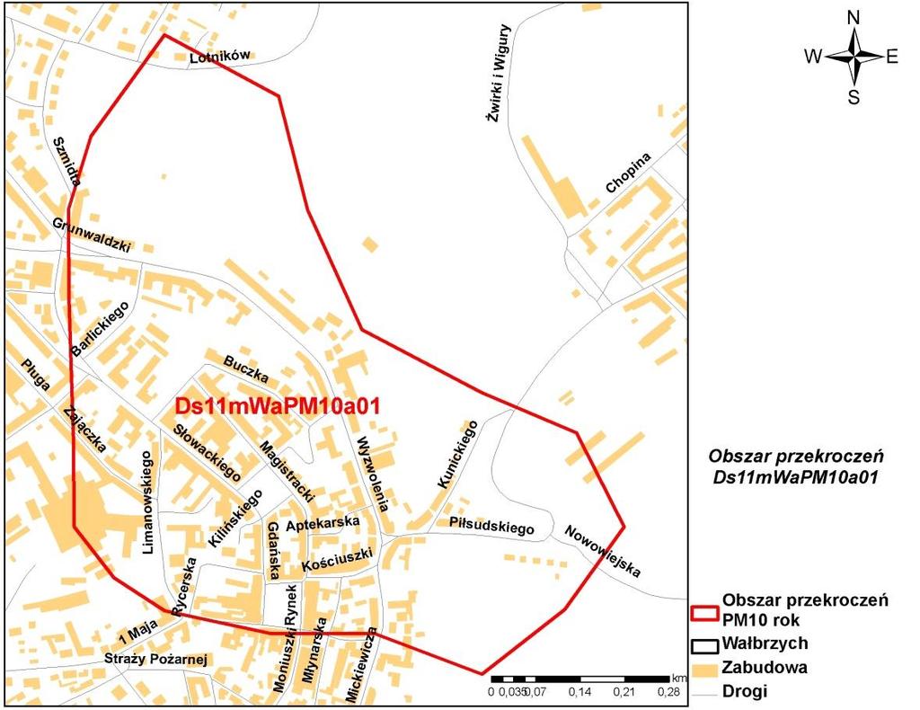 Rysunek 48 Obszar przekroczeń poziomu dopuszczalnego pyłu zawieszonego PM10 o okresie uśredniania wyników rok kalendarzowy Ds11mWaPM10a01 w strefie miasto Wałbrzych w 2011 r.