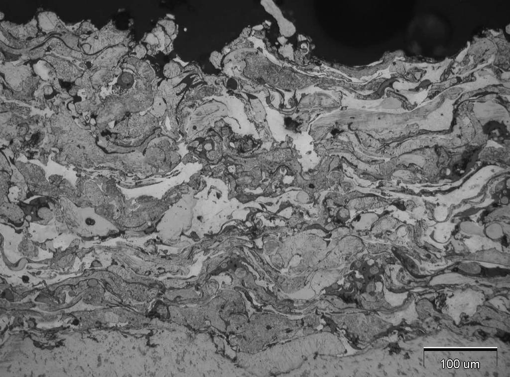 SEM image of the microstructure of the Fe-Al coating deposited on a steel substrate, a) x100, b) x150 Mikrotwardość [µhv0,1] Przedstawiony rozkład mikrotwardości na rysunku 4 wykazuje znaczne różnice
