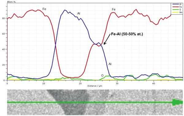 -20% at Fig. 8. Linear distribution of elements at the crystal border confirming the presence of the Fe-Al phase with the composition of approx.