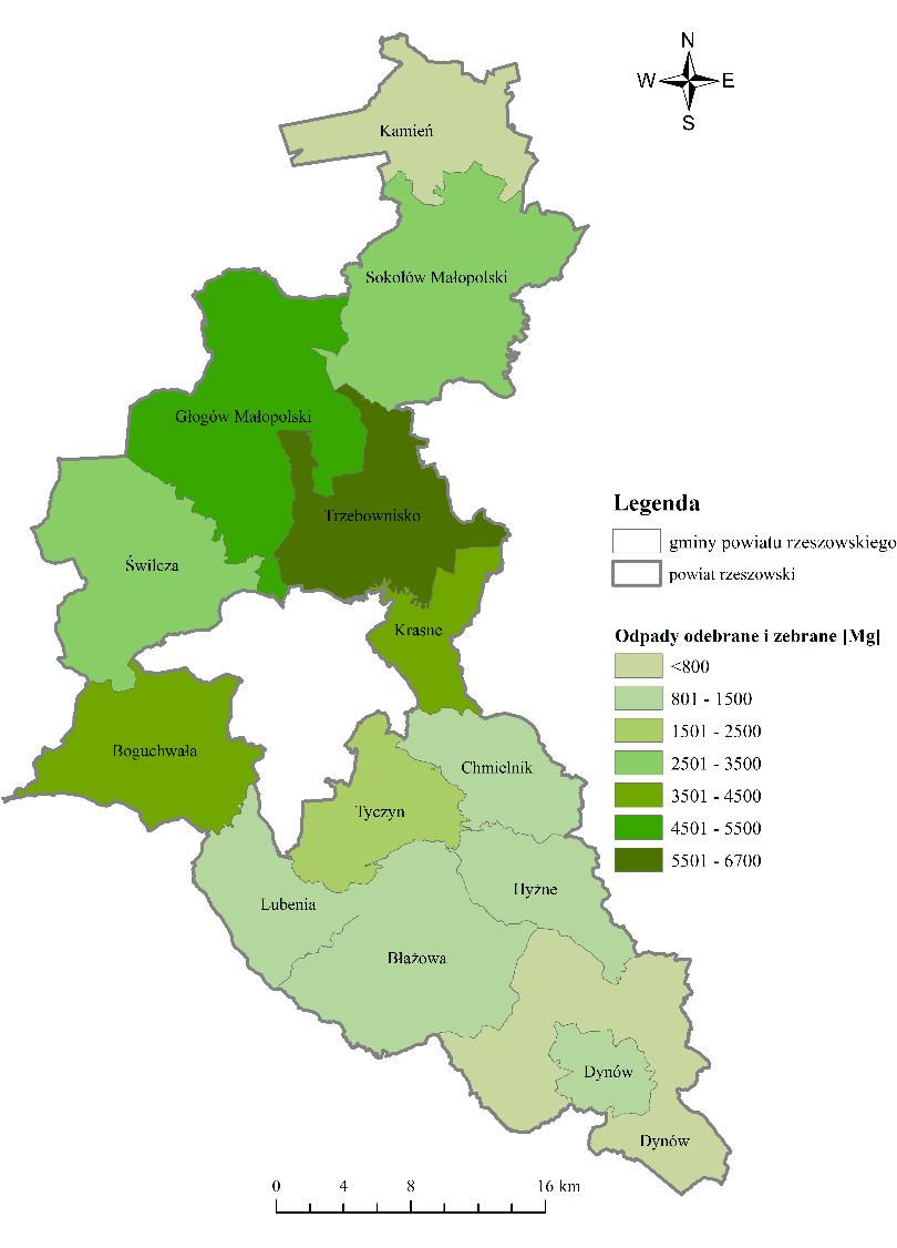 odpady wielkogabarytowe (10,6%), odpady z budowy, remontów i demontażu (7,3%) oraz odpady ulegające biodegradacji (6,8%). Rys.7.1. Masa odebranych i zebranych odpadów komunalnych w gminach powiatu rzeszowskiego w 2017r.