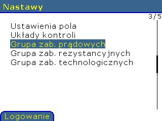 w oknie Zestaw nastaw przesunąć na wyświetlaczu klawiszami strzałek, kursor na wiersz Grupa zab. prądowych i nacisnąć klawisz OK. w oknie Grupa zab.