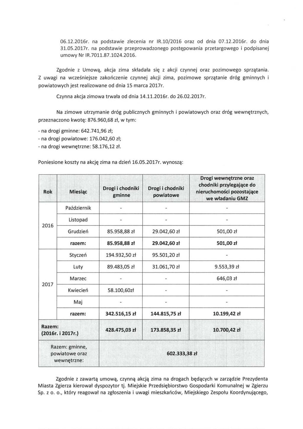 06.12.2016r. na podstawie zlecenia nr IR.10/2016 oraz od dnia 07.12.2016r. do dnia 31.05.2017r. na podstawie przeprowadzonego postępowania przetargowego i podpisanej umowy Nr IR.7011.87.1024.2016. Zgodnie z Umową, akcja zima składała się z akcji czynnej oraz pozimowego sprzątania.