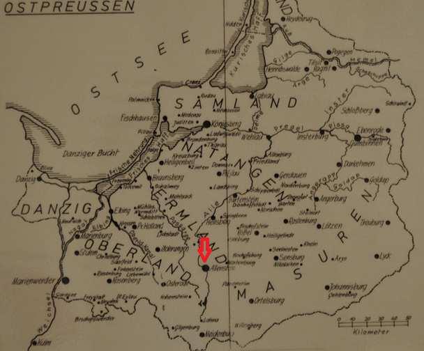 Mapa 2.4 Warmia (Ermland) na mapie Prus Wschodnich. Strzałką zaznaczono Olsztyn Źródło: https://pl.wikipedia.