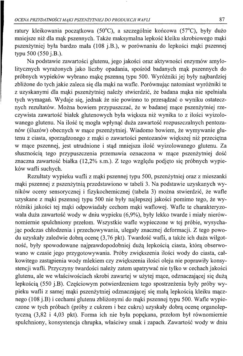 OCENA PRZYDATNOŚCI M ĄKI PSZENŻYTNIEJDO PRODUKCJI WAFLI 87 ratury kleikowania początkowa (50 C), a szczególnie końcowa (57 C), były dużo mniejsze niż dla mąk pszennych.