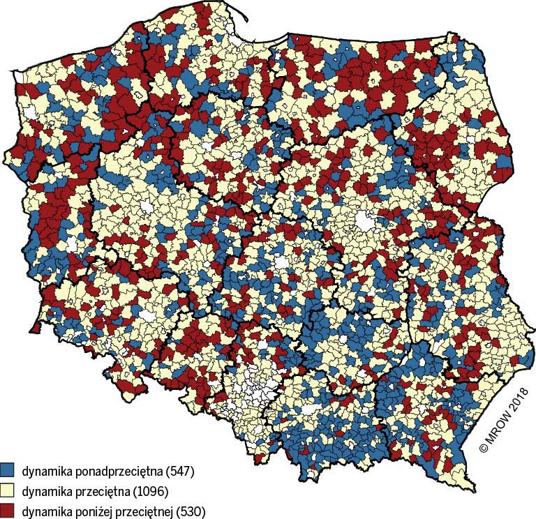 Rysunek 5. Zmiany pozycji gmin na skali poziomu rozwoju społeczno-gospodarczego Źródło: opracowanie własne MROW 2014 i MROW 2018. gospodarczej.