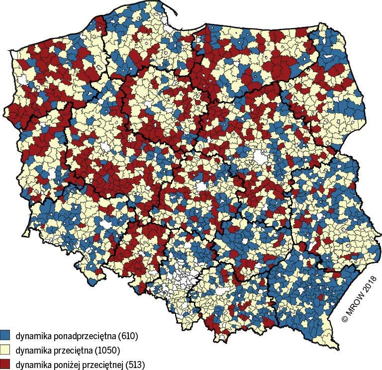 Rysunek 9. Zmiany pozycji gmin na skali oceny stopnia dezagraryzacji gospodarki lokalnej Źródło: opracowanie własne MROW 2014 i MROW 2018.