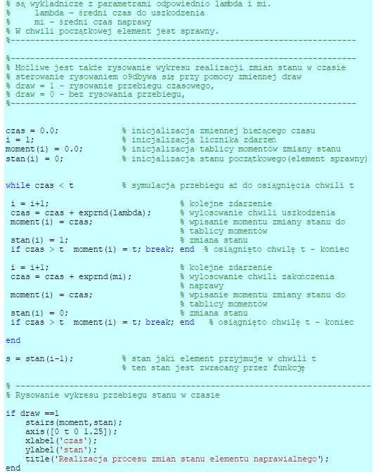 Przykładowe wywołanie funkcji z argumentami: lambda = 1000, (średni czas do uszkodzenia, λ = 0.001 ) mi = 100, (średni czas naprawy,μ= 0.