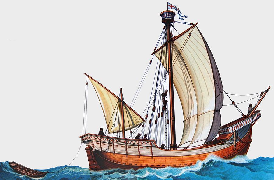 Rys. 4.4 Statek łączący cechy kogi i tradycyjnych rozwiązań śródziemnomorskich. XIV - XV wiek Stosunkowo niewielka koga z bezan masztem pozwala ją datować na pierwszą połowę XIV wieku.