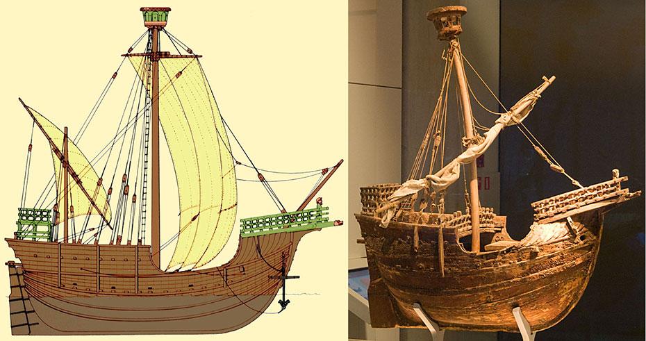 Rys. 4.5 Koga południowa. XIV wiek. Kadłub charakterystyczny dla kog północnoeuropejskich, ale poszycie na styk (tradycja śródziemnomorska) i bezanmaszt typowy dla statków południowych.