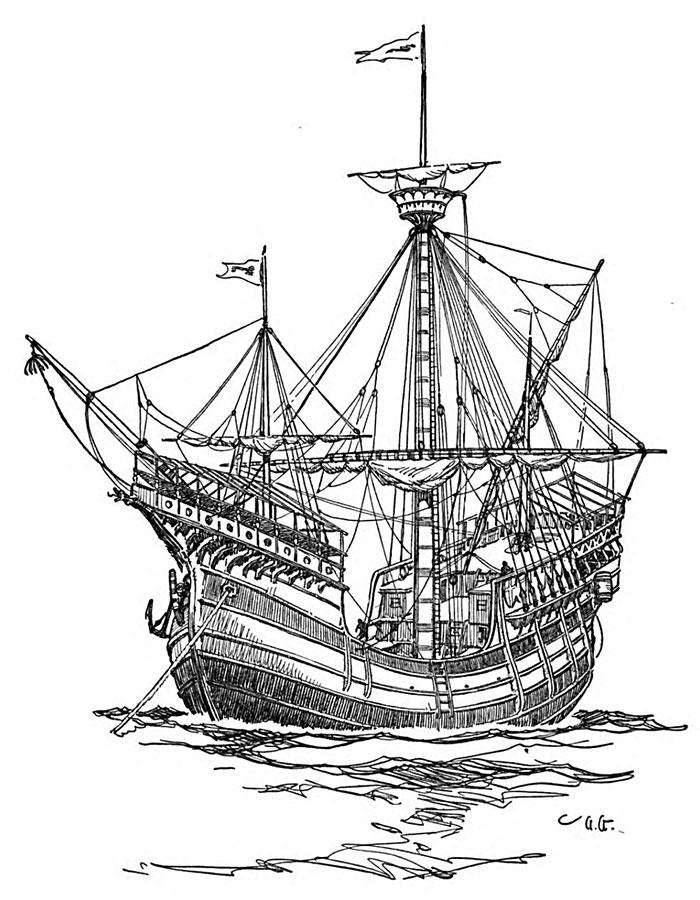 piratów, statek jest bardzo dobrze uzbrojony. Na widocznej burcie można policzyć 26 dział. Źródło: strona internetowa [Military History] oraz [Jacopo de Barbari] (Powrót do strony 8, 131) Rys. 6.