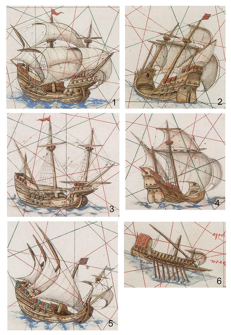 Rys. 6.15 Statki z atlasu Nicolasa Vallarda z roku 1547.