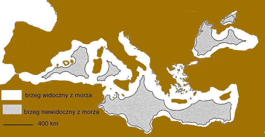Postęp w nawigacji ilustracje Rys. 8.1 Widoczność brzegów ze statku na Morzu Śródziemnym. Szary obszar oznacza tę część Morza Śródziemnego, z której brzegi nie są widoczne ze statku.
