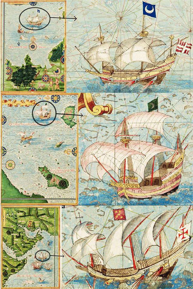 Rys. 9.3 Wczesne formy galeonów w połowy XVI wieku. Galeony przedstawione na mapach Guillaume Le Testu, francuskiego korsarza, odkrywcy i autora map. Mapy zebrane w atlasie pt.