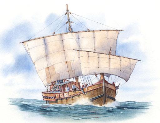 Rys 1.3 Rzymski statek handlowy epoki cesarskiej. Charakterystyczny wygląd ożaglowania. Żagle szerokie i niskie.