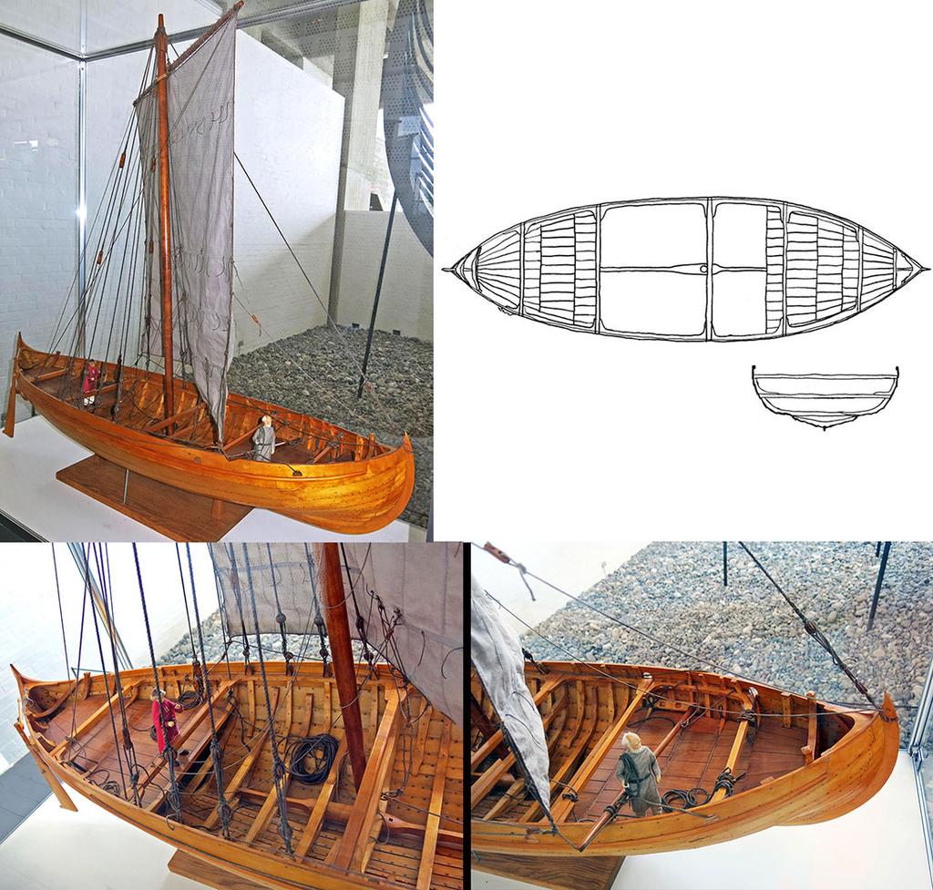 Rys. 2.35 Pełnomorski statek towarowy Wikingów knarr. Model knarra o nazwie Skuldelev 1 (wydobyty nad kanałem Skuldelev niedaleko Roskilde, ok. 35 km na zachód od Kopenhagi).