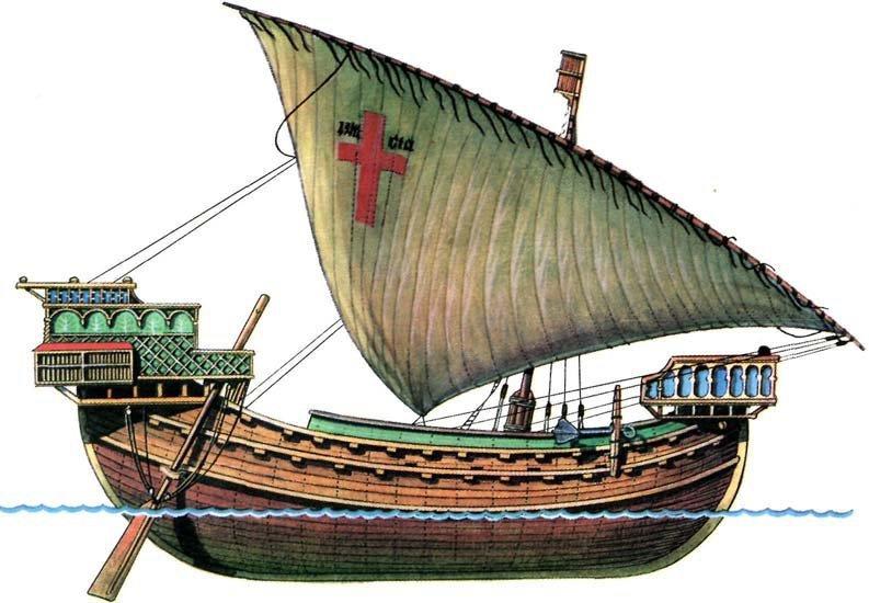 Rys. 3.13 Statek handlowy z Genui. XII wiek. Kadłub tego okresu przypomina statki towarowe okresu późnego cesarstwa (III-V wiek n.e.).