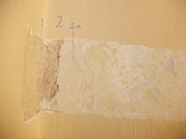 ), kolor Palazzo 210 18 Szpachla wyrównująca VIII 17 Tynk J 16 Farba żółta, osypująca się, kolor Citrus 120 15 Gładź wyrównująca 14 Farba koloru niebieskiego,