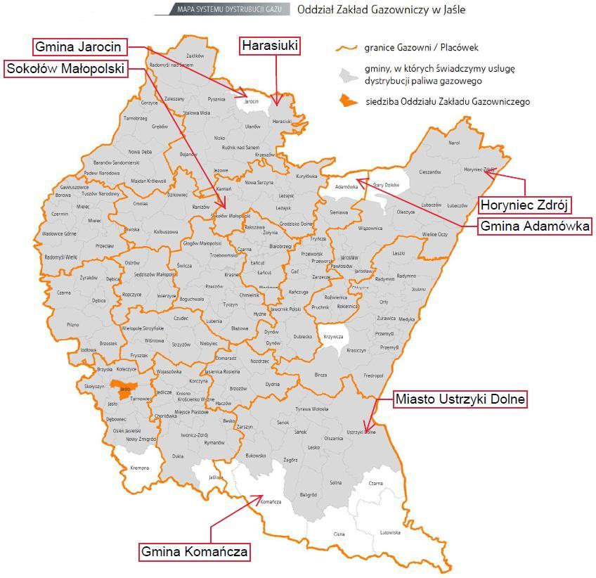 W województwie podkarpackim znajduje się 10 gmin, które nie mają dostępu do sieci gazowej, są to: Jarocin, Adamówka, Stary Dzików, Krzywcza, Krempna, Jaśliska, Komańcza, Cisna, Czarna oraz Lutowiska.