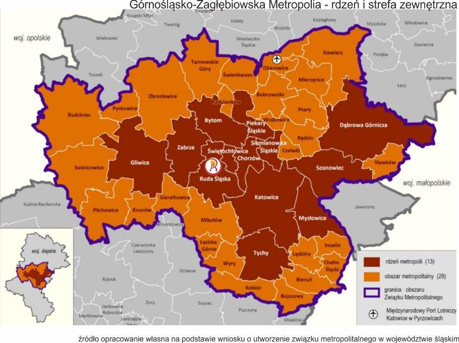 Metropolia Górnośląsko-Zagłębiowska, którą tworzy 41 miast i gmin Górnego Śląska i Zagłębia Dąbrowskiego: Będzin, Bieruń, Bobrowniki, Bojszowy, Bytom, Chełm Śląski, Chorzów, Czeladź, Dąbrowa