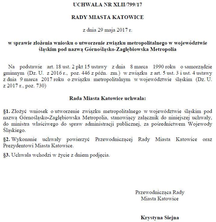 II. Podstawowe dane o Mieście 4 kwietnia 2017 roku w Śląskim Urzędzie Wojewódzkim Prezydent Rzeczpospolitej podpisał Ustawę o związku metropolitalnym na obszarze województwa śląskiego (Ustawa z dnia