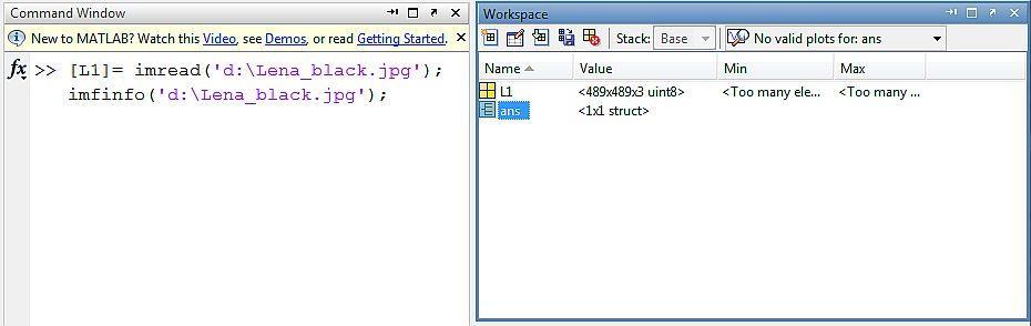 Przy pomocy funkcji imfinfo() możemy uzyskać podstawowe informacje o przetwarzanym obrazie. W oknie Command Window należy wpisać następujące polecenia: fx>> [L1] = imread( d:\lena_black.