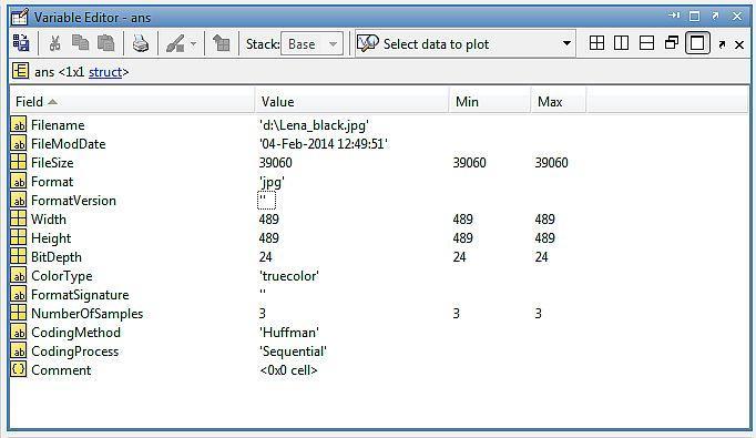 Rys.1.10. Informacja o obrazie zapisana w ans pokazane w oknie Variable Editor-ans. Najważniejsze dane o obrazie przekazywane za pomocą funkcji imfinfo() pokazane są w tabeli.