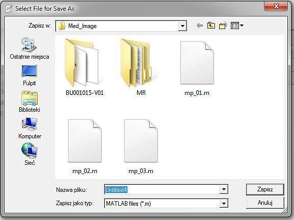 Rys.3.3. Edytor skryptów, zapis pliku na dysku W oknie Nazwa pliku: wpisujemy dowolna nazwę, rozszerzenie Matlab doda automatycznie. Rys.3.4.