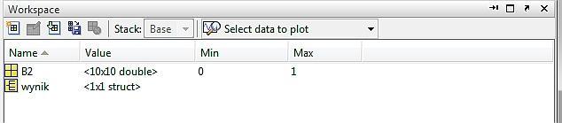 Klikając myszką na ikonę B2 mamy pokazane elementy naszej macierzy (rysunek). Zwracamy uwagę na sposób obsługi macierzy w Matlabie. Jest to zapis [wiersz - kolumna].