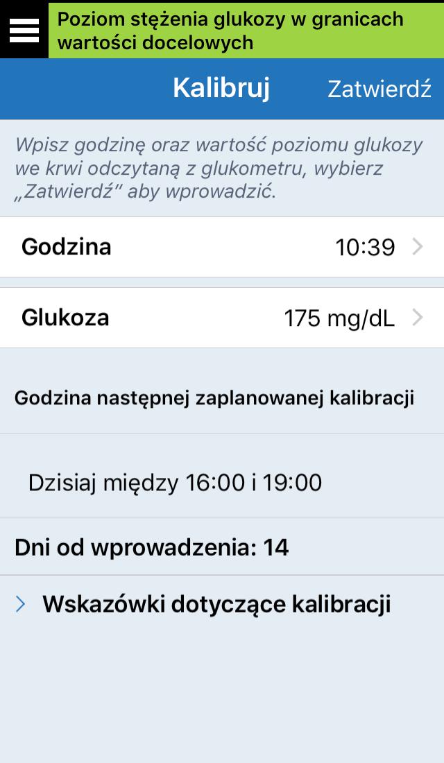 Upewnij się, że wprowadzony wynik badania glukometrem próbki krwi z opuszka palca jest prawidłowy.