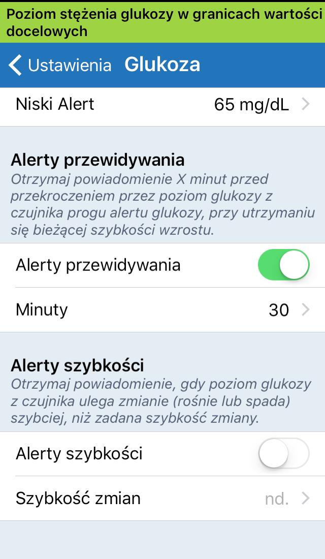 1. Aby włączyć tę funkcję, wybierz opcję Menu > Ustawienia > Glukoza w celu wyświetlenia ekranu USTAWIENIA GLUKOZY. 2. Następnie otwórz menu Alerty przewidywania i przesuń przycisk WYŁ.