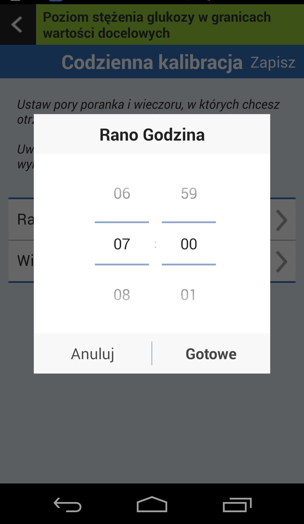 Ustawianie godziny dziennej kalibracji Funkcja ta pozwala na ustawienie godzin kalibracji, rano i wieczorem, w celu generowania przypomnień.