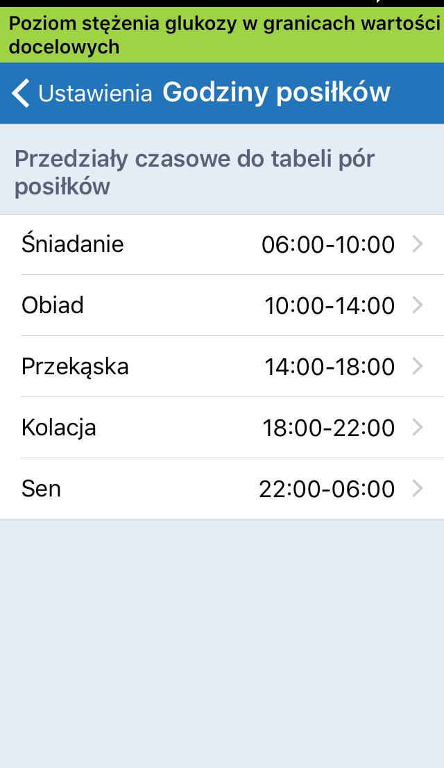 Ustawienia harmonogramu posiłków Ekran GODZINY POSIŁKÓW pokazuje przedziały czasowe na śniadanie, lunch, obiad i sen.