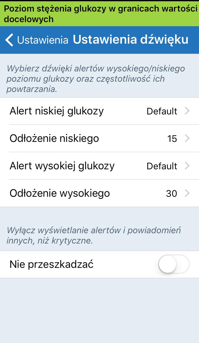 Ustawianie dźwięków Ekran USTAWIENIA DŹWIĘKU pokazuje ustawienia dźwiękowe alertów niskiego i wysokiego poziomu glukozy.