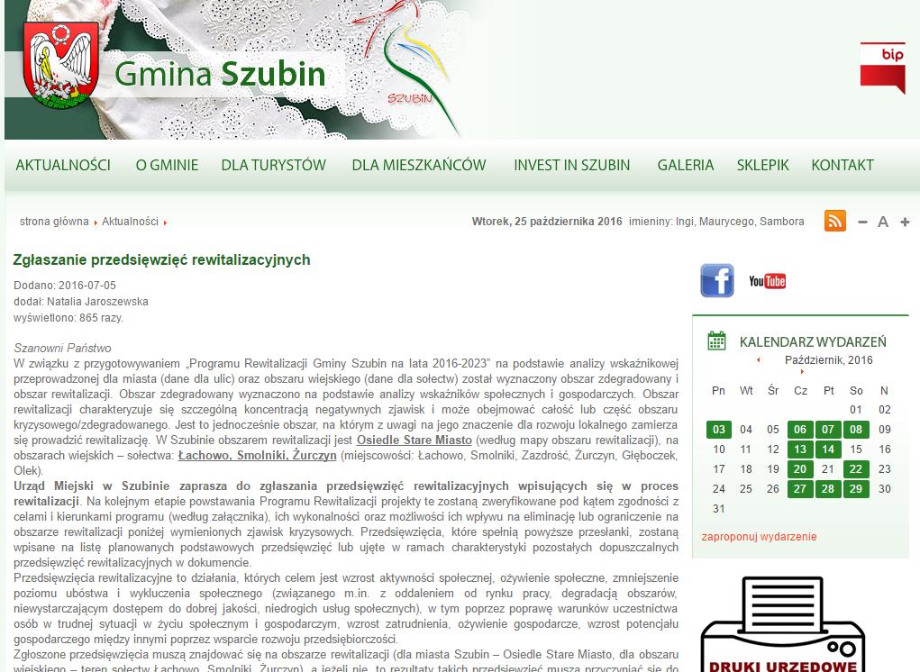 Spotkania Publikacje na stronie www.szubin.com Spotkanie z mieszkańcami odbyło się 21 lipca 2016 r.