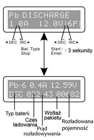 Zakres prądu rozładowywania wynosi od 0.1A do 5.0A. W celu uruchomienia rozładowywania wciśnij i przytrzymaj przez 3 sekundy przycisk START/ENTER.